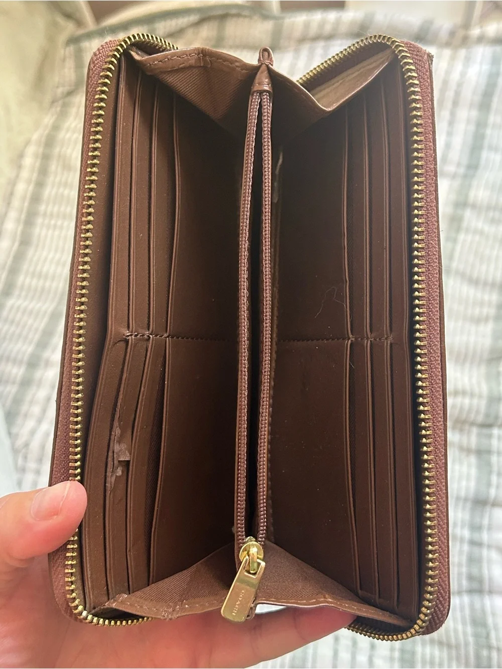Coach Brown Signature Zip-Around Wallet with Leather Trim